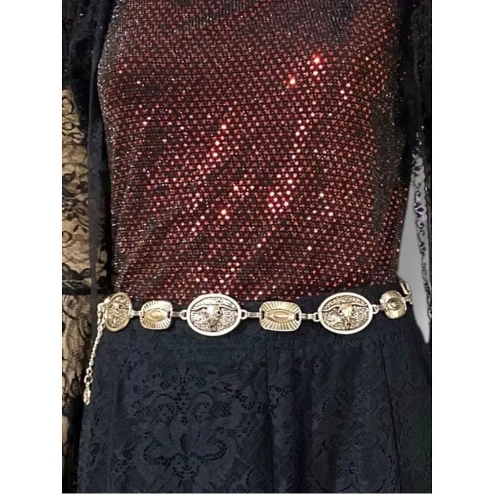 Vintage Western Silver Concho Belt Cowgirl Medallion Skulls Chain Link 24-42